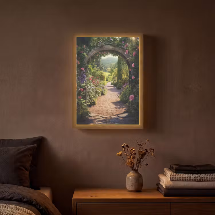 Doorkijk - Bloemen - Natuur - Rozenboog Light Box met batterij (Wandlamp) middel -sfeer4