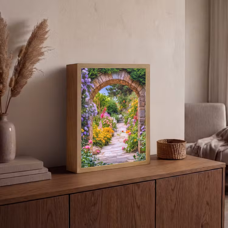 Doorkijk - Bloemen - Pad - Natuur Light Box met batterij (Wandlamp) middel -sfeer2