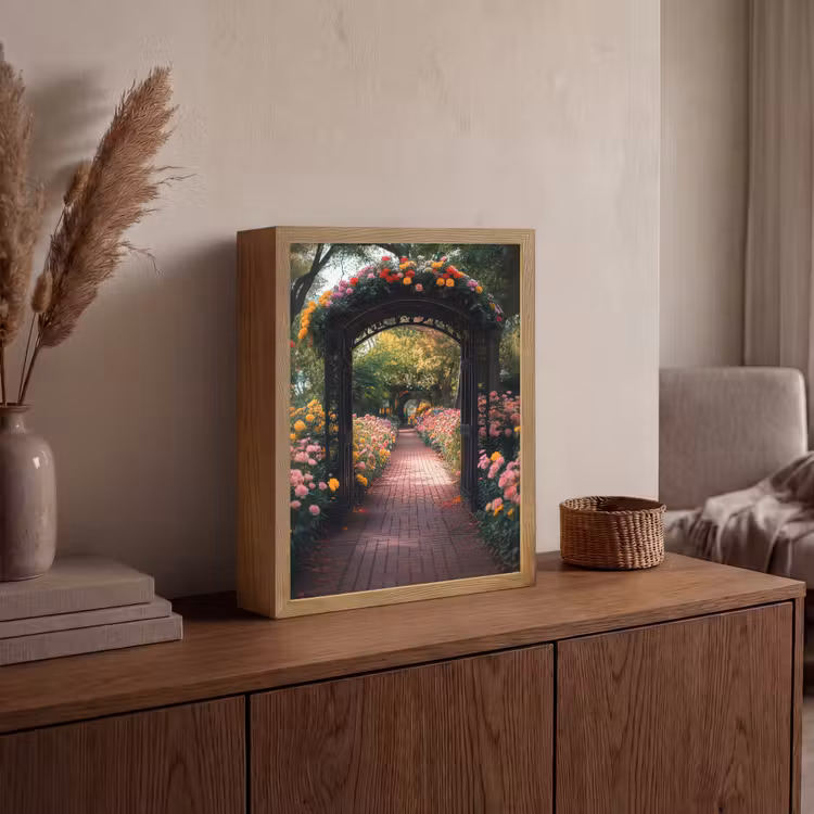 Doorkijk - Bloemen - Pad - Natuur - Kleurrijk Light Box met batterij (Wandlamp) middel -sfeer2
