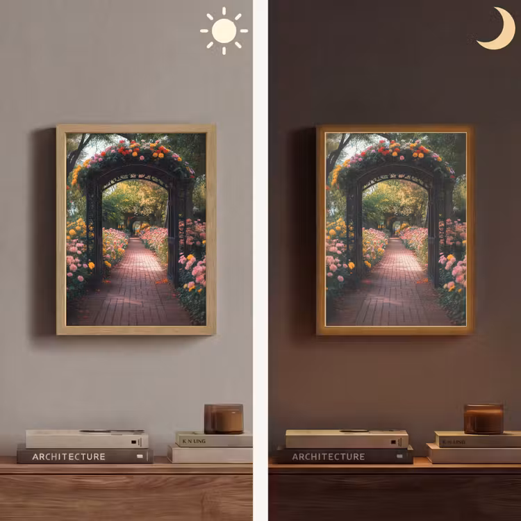 Doorkijk - Bloemen - Pad - Natuur - Kleurrijk Light Box met batterij (Wandlamp) middel -sfeer3