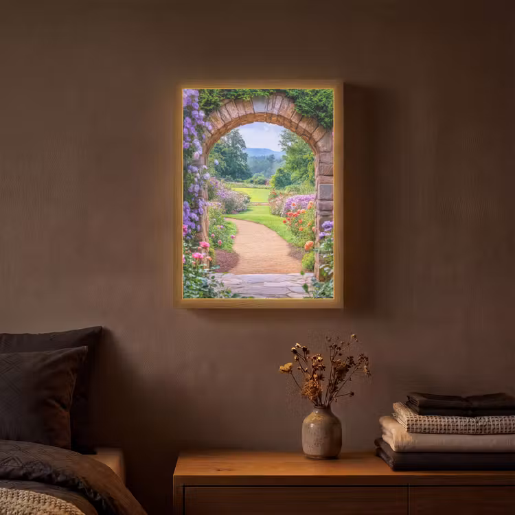 Doorkijk - Poort - Bloemen - Tuin Light Box met batterij (Wandlamp) middel -sfeer4