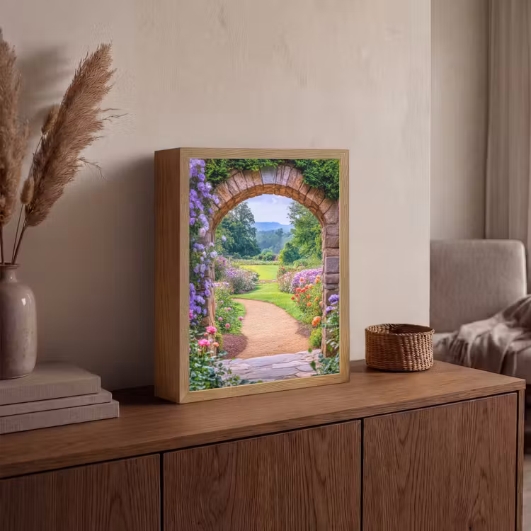 Doorkijk - Poort - Bloemen - Tuin Light Box met batterij (Wandlamp) middel -sfeer2