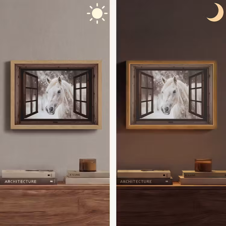 Doorkijk - Paard - Wit - Winterlandschap - Sneeuw Light Box met batterij (Wandlamp) middel -sfeer3