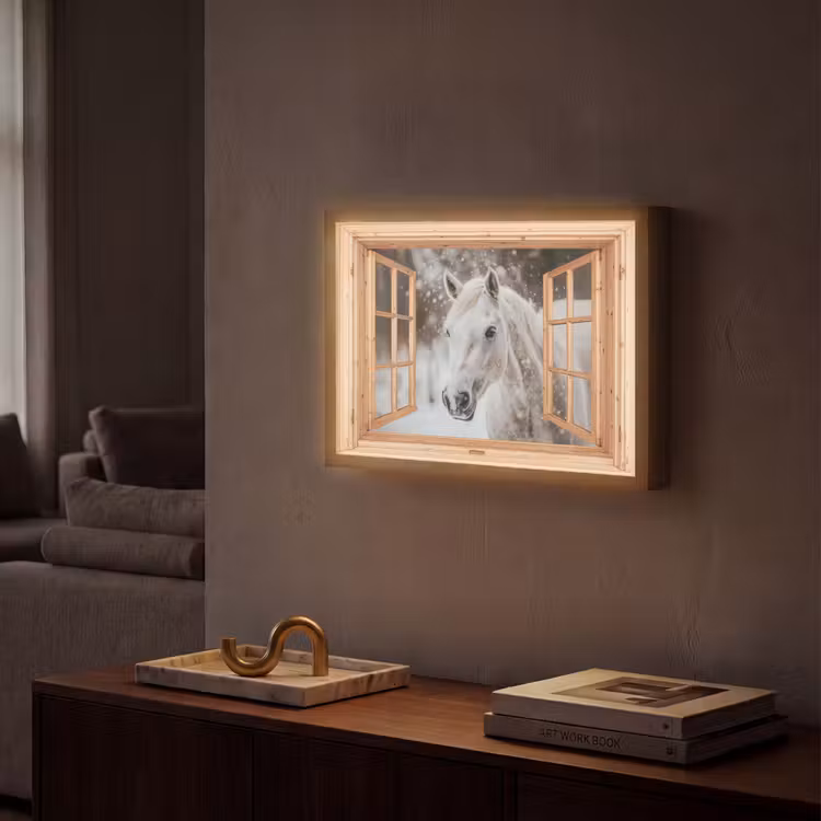 Doorkijk - Paard - Wit - Winter - Sneeuw - Dieren Light Box met batterij (Wandlamp) middel -sfeer1