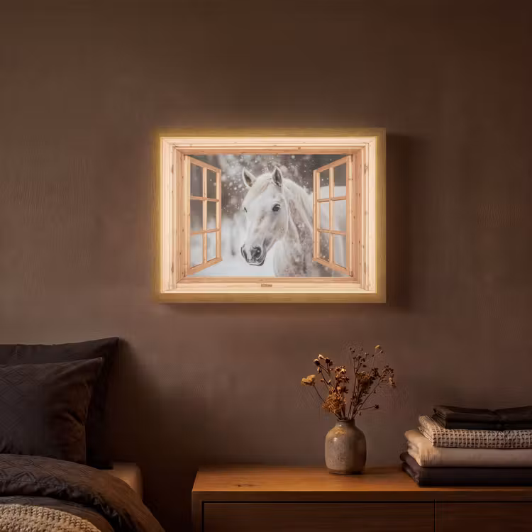Doorkijk - Paard - Wit - Winter - Sneeuw - Dieren Light Box met batterij (Wandlamp) middel -sfeer4