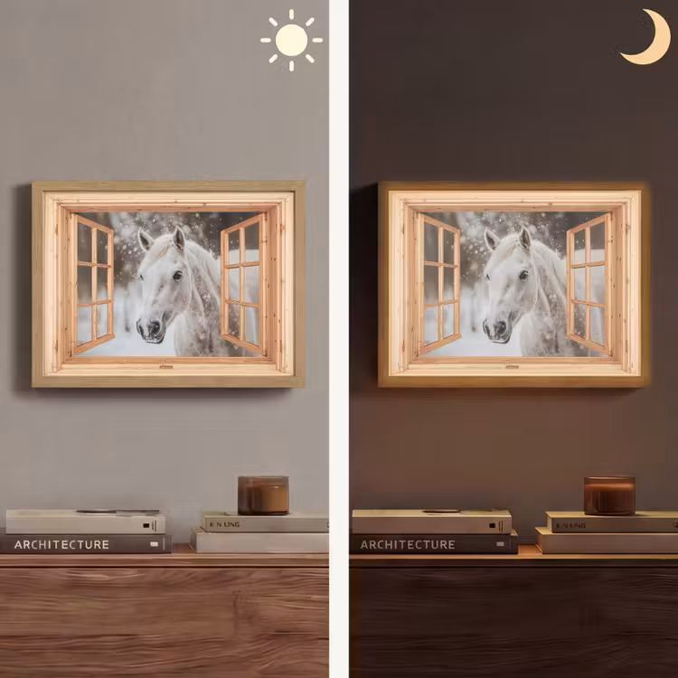 Doorkijk - Paard - Wit - Winter - Sneeuw - Dieren Light Box met batterij (Wandlamp) middel -sfeer3