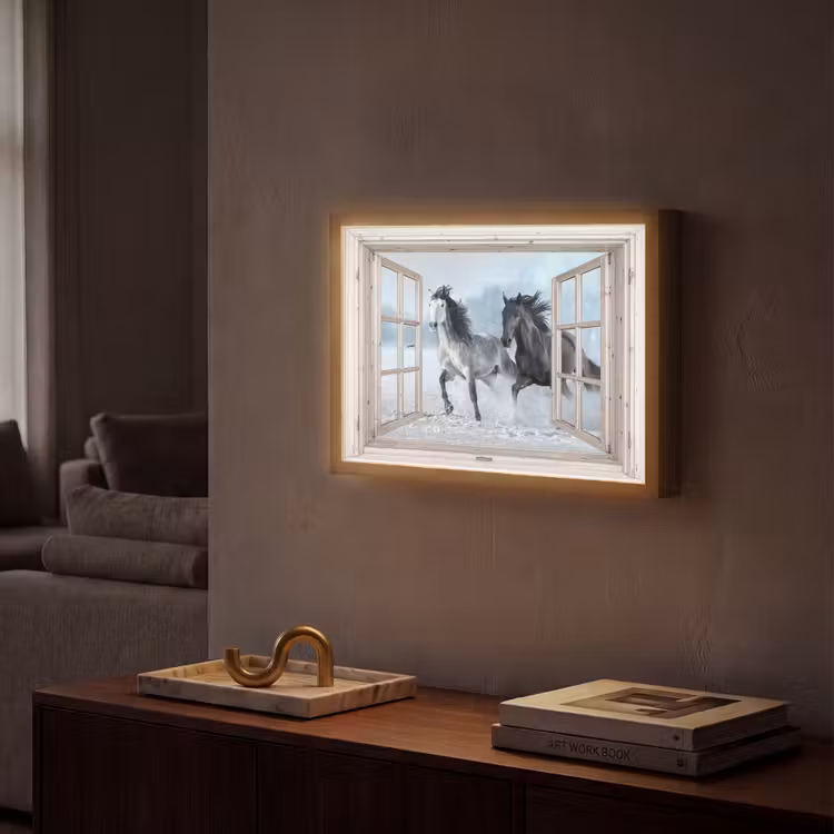 Doorkijk - Paarden - Winter - Dieren - Natuur - Wit Light Box met batterij (Wandlamp) middel -sfeer1