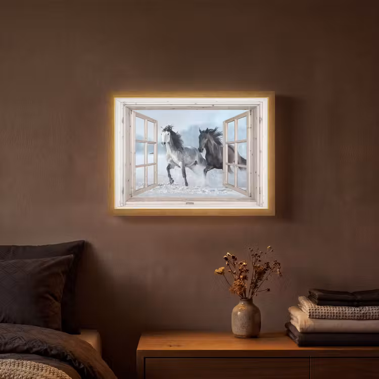 Doorkijk - Paarden - Winter - Dieren - Natuur - Wit Light Box met batterij (Wandlamp) middel -sfeer4