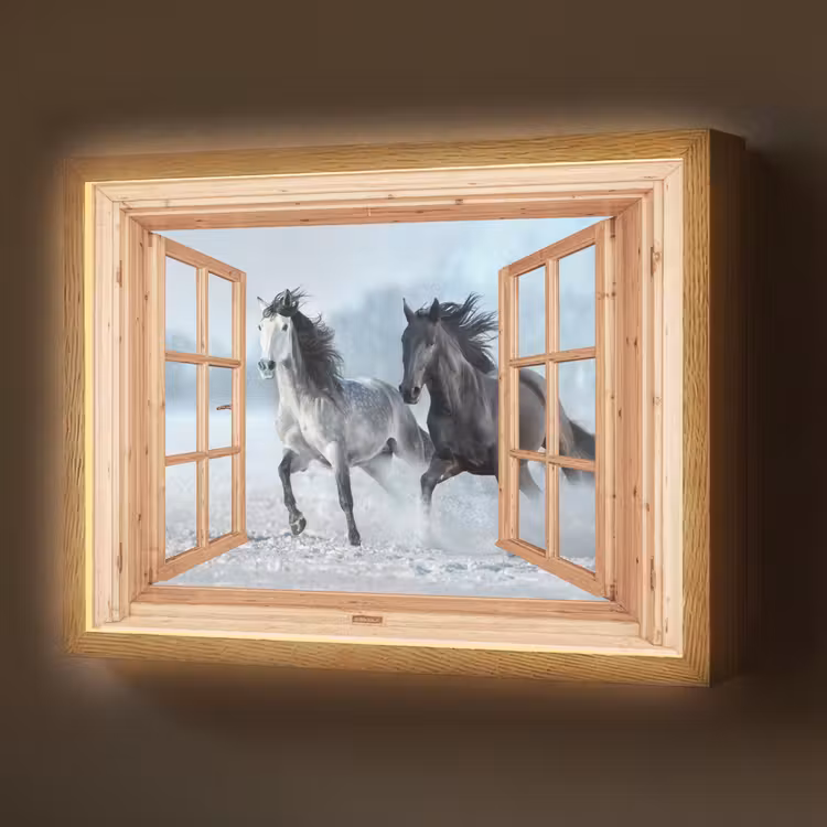 Doorkijk - Paarden - Winter - Dieren - Natuur - Hout Light Box met batterij (Wandlamp) middel -z3d_website