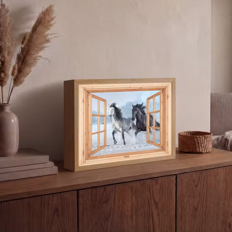 Doorkijk - Paarden - Winter - Dieren - Natuur - Hout Light Box met batterij (Wandlamp) middel -sfeer2