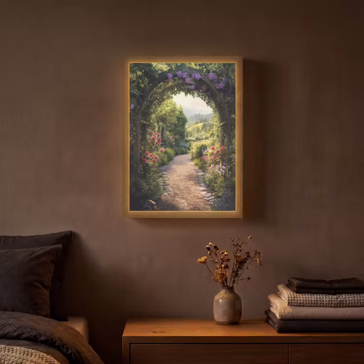 Doorkijk - Landschap - Bloemen - Tuinboog - Natuur Light Box met batterij (Wandlamp) middel -sfeer4