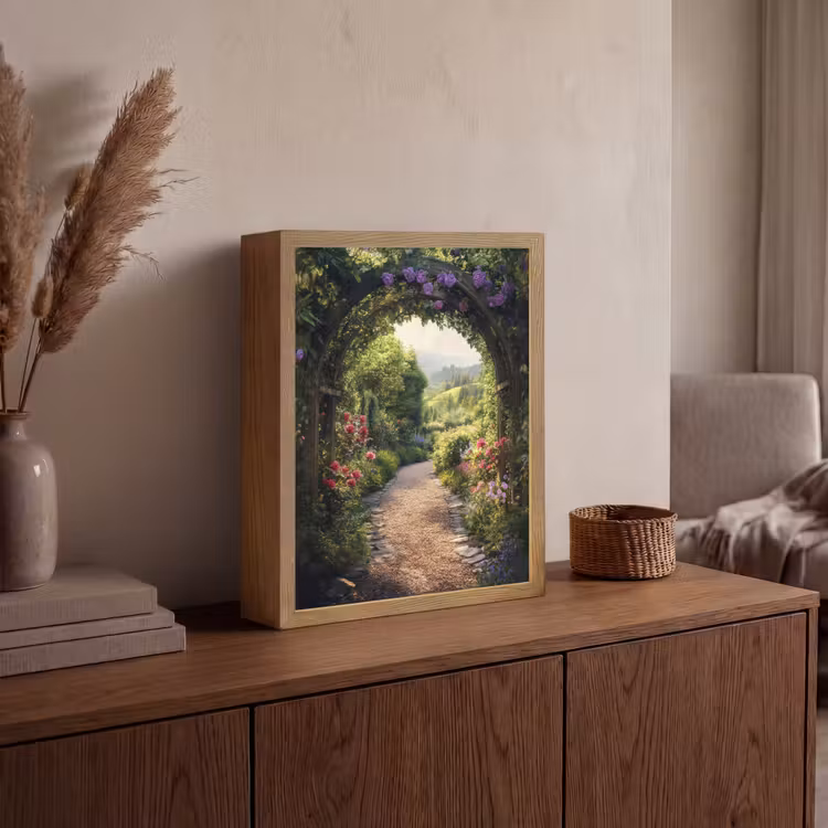 Doorkijk - Landschap - Bloemen - Tuinboog - Natuur Light Box met batterij (Wandlamp) middel -sfeer2