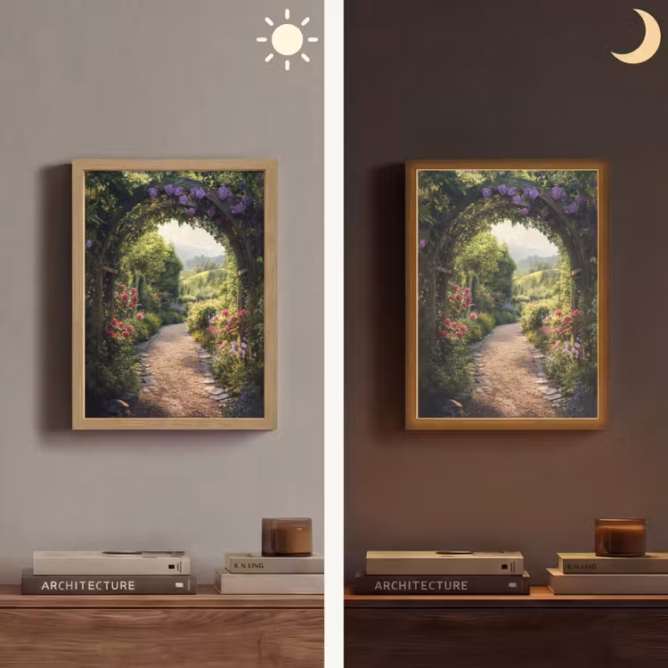 Doorkijk - Landschap - Bloemen - Tuinboog - Natuur Light Box met batterij (Wandlamp) middel -sfeer3