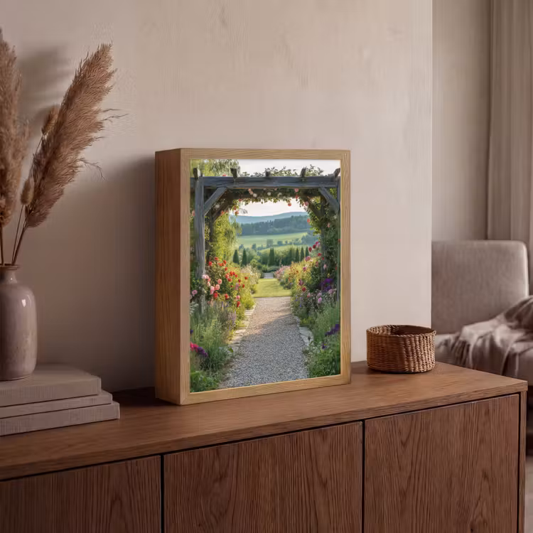 Doorkijk - Landschap - Natuur - Tuinboog - Bloemen Light Box met batterij (Wandlamp) middel -sfeer2
