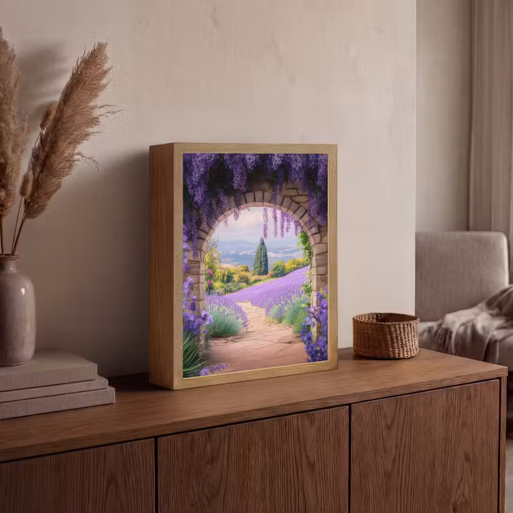 Doorkijk - Lavendel - Bloemen - Paars - Poort Light Box met batterij (Wandlamp) middel -sfeer2