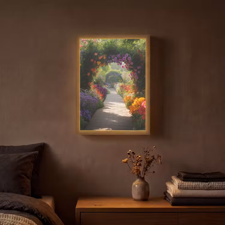 Doorkijk - Pad - Bloemen - Struik - Kleurrijk Light Box met batterij (Wandlamp) middel -sfeer4