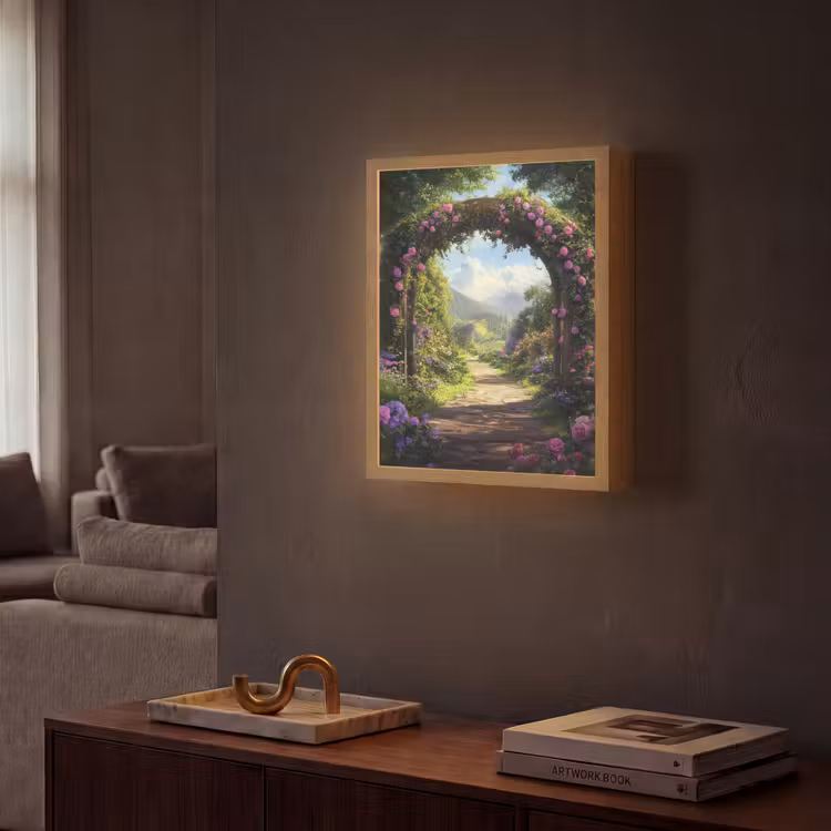 Doorkijk - Rozenboog - Uitzicht - Landschap - Bloemen Light Box met batterij (Wandlamp) middel -sfeer1