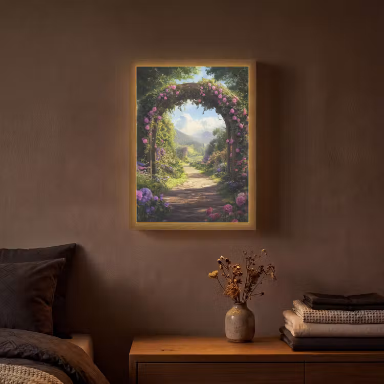 Doorkijk - Rozenboog - Uitzicht - Landschap - Bloemen Light Box met batterij (Wandlamp) middel -sfeer4