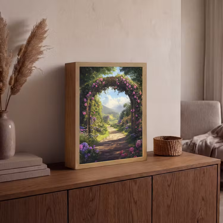 Doorkijk - Rozenboog - Uitzicht - Landschap - Bloemen Light Box met batterij (Wandlamp) middel -sfeer2