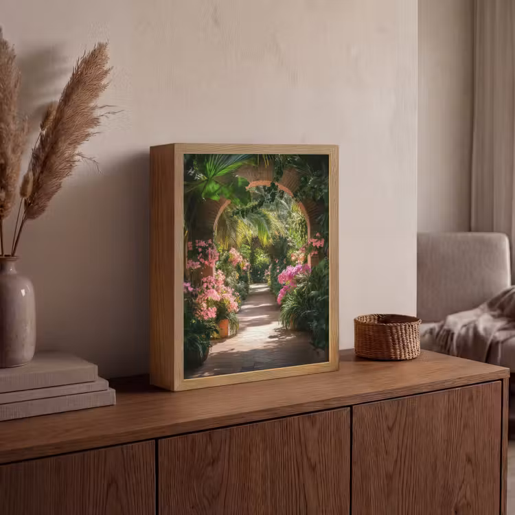 Doorkijk - Tropisch - Bloemen - Natuur Light Box met batterij (Wandlamp) middel -sfeer2