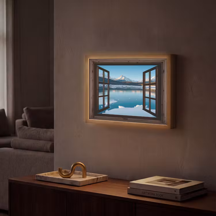 Doorkijk - Winterlandschap - Meer - Bergen - Uitzicht Light Box met batterij (Wandlamp) middel -sfeer1