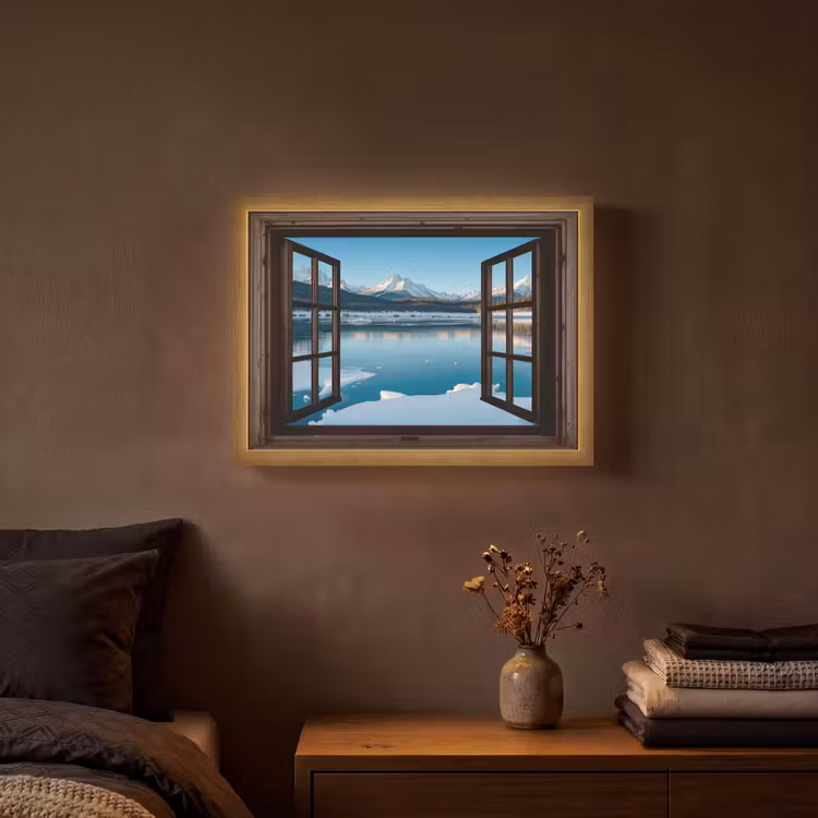 Doorkijk - Winterlandschap - Meer - Bergen - Uitzicht Light Box met batterij (Wandlamp) middel -sfeer4