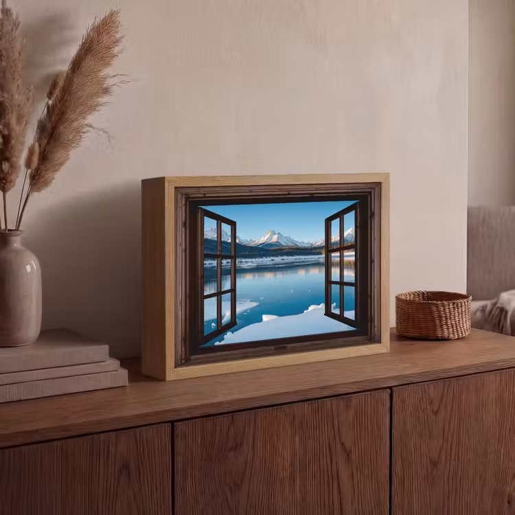 Doorkijk - Winterlandschap - Meer - Bergen - Uitzicht Light Box met batterij (Wandlamp) middel -sfeer2