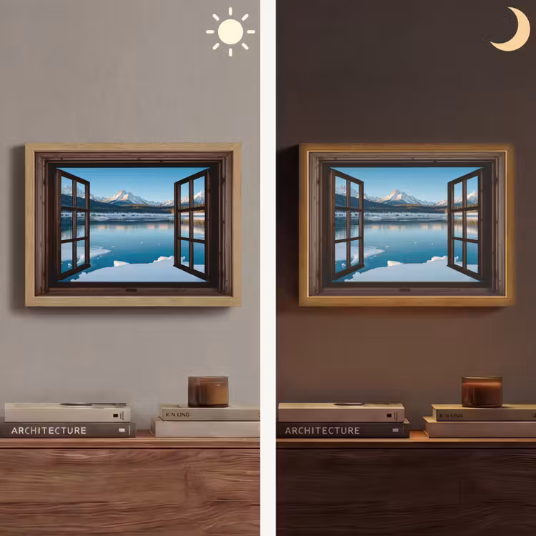 Doorkijk - Winterlandschap - Meer - Bergen - Uitzicht Light Box met batterij (Wandlamp) middel -sfeer3