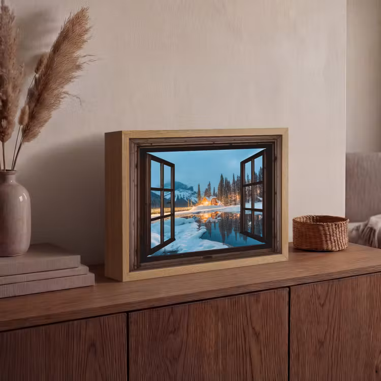 Doorkijk - Winter - Landschap - Natuur - Huis - Bergen Light Box met batterij (Wandlamp) middel -sfeer2