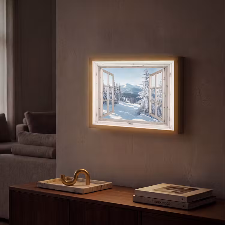 Doorkijk - Winter - Landschap - Natuur - Berg - Bomen - Wit Light Box met batterij (Wandlamp) middel -sfeer1