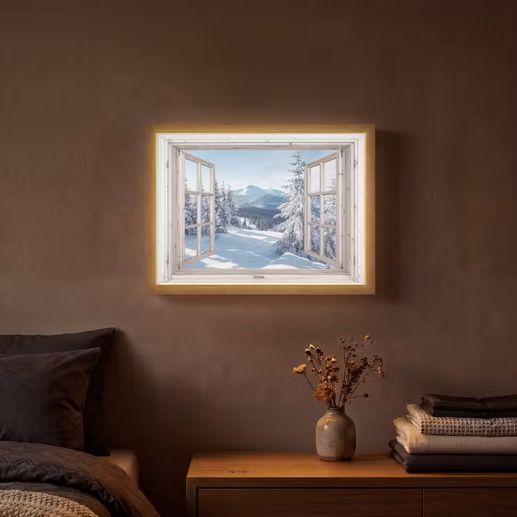 Doorkijk - Winter - Landschap - Natuur - Berg - Bomen - Wit Light Box met batterij (Wandlamp) middel -sfeer4
