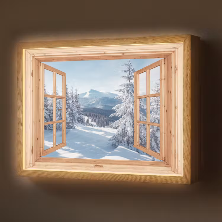 Doorkijk - Winterlandschap - Natuur - Berg - Bomen - Hout Light Box met batterij (Wandlamp) middel -z3d_website