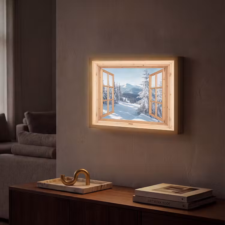 Doorkijk - Winterlandschap - Natuur - Berg - Bomen - Hout Light Box met batterij (Wandlamp) middel -sfeer1