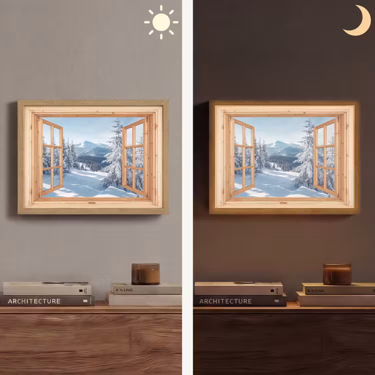 Doorkijk - Winterlandschap - Natuur - Berg - Bomen - Hout Light Box met batterij (Wandlamp) middel -sfeer3