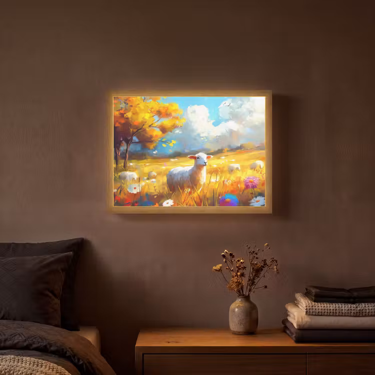 Schaap - Weide - Bloemen Light Box met batterij (Wandlamp) middel -sfeer4