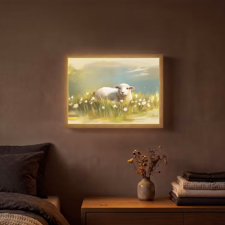 Schaap - Weide - Groen Light Box met batterij (Wandlamp) middel -sfeer4