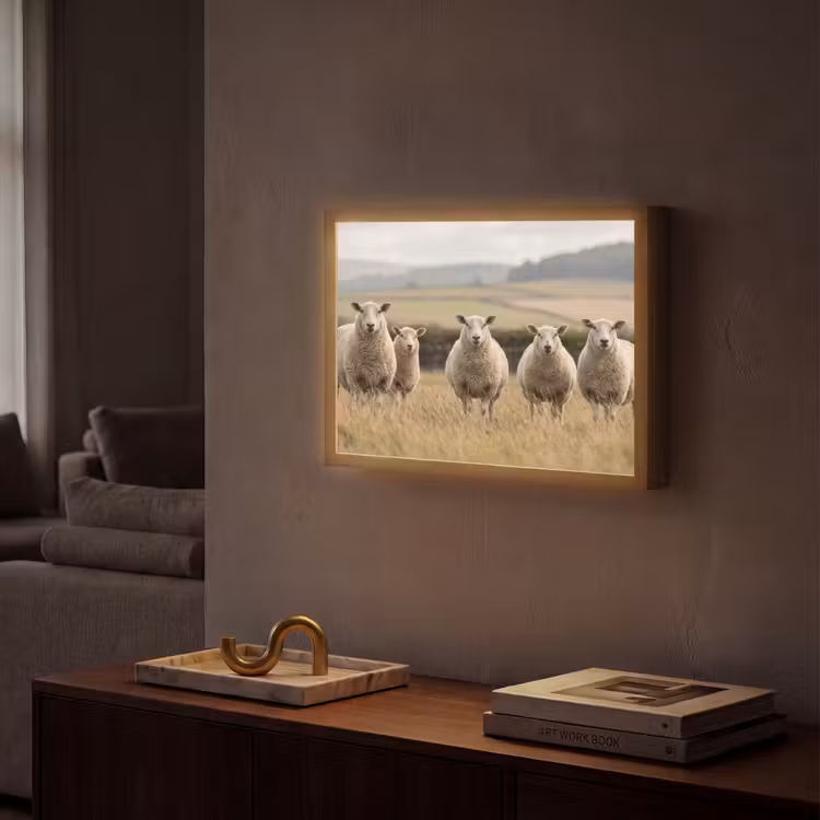 Schapen - Weidenlandschap - Heuvels Light Box met batterij (Wandlamp) middel -sfeer1