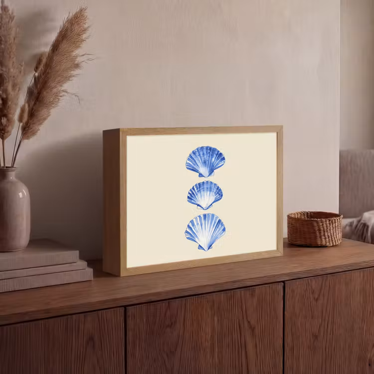 Schelpen - Blauw - Beige Light Box met batterij (Wandlamp) middel -sfeer2