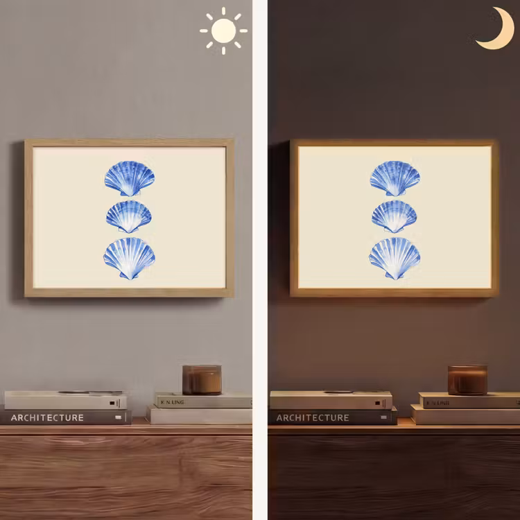 Schelpen - Blauw - Beige Light Box met batterij (Wandlamp) middel -sfeer3
