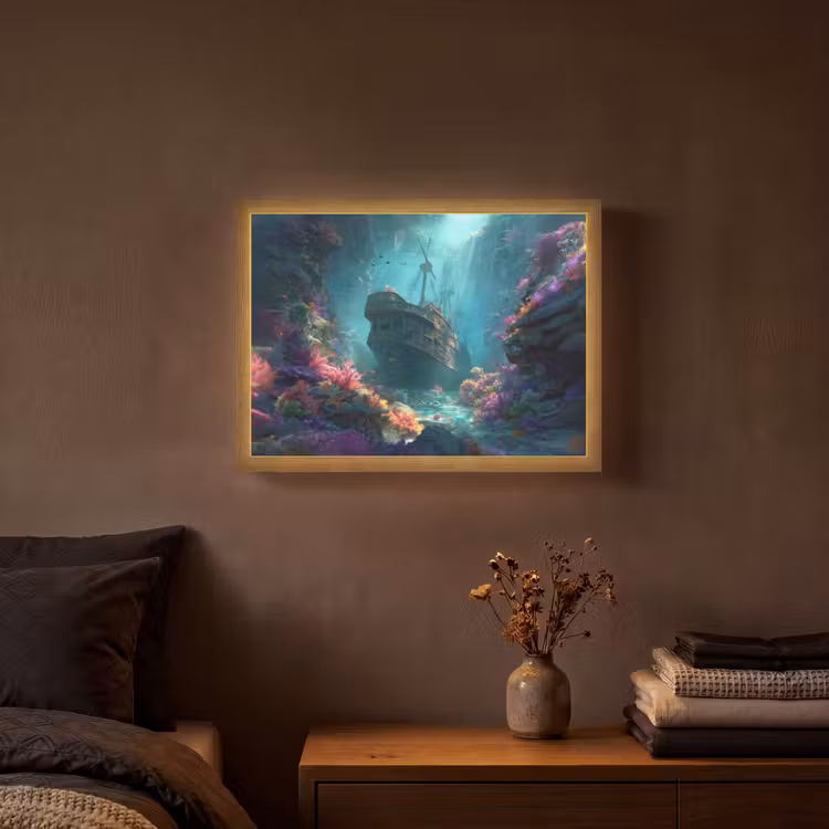 Schip - Hout - Koraalriffen - Zonlicht Light Box met batterij (Wandlamp) middel -sfeer4