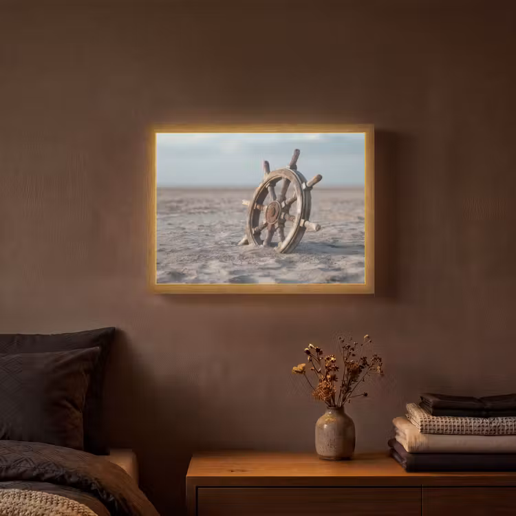 Scheepsstuur - Hout - Bruin - Zand Light Box met batterij (Wandlamp) middel -sfeer4