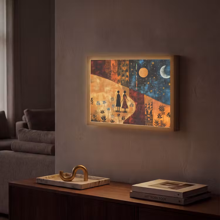Silhouetten - Abstract - Zon - Maan Light Box met batterij (Wandlamp) middel -sfeer1