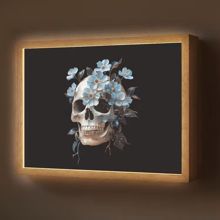 Schedel - Blauw - Bloemen - Bladeren Light Box met batterij (Wandlamp) middel -z3d_website