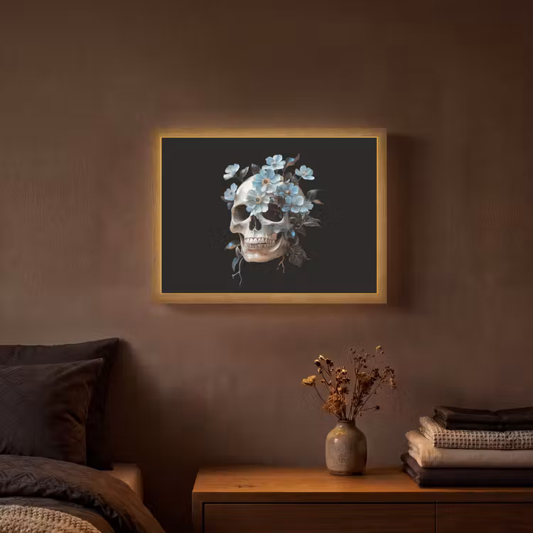 Schedel - Blauw - Bloemen - Bladeren Light Box met batterij (Wandlamp) middel -sfeer4