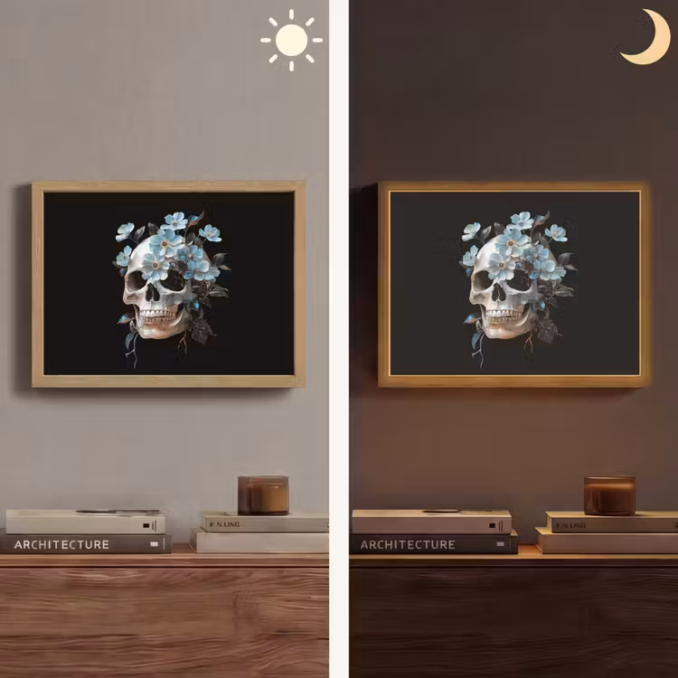 Schedel - Blauw - Bloemen - Bladeren Light Box met batterij (Wandlamp) middel -sfeer3