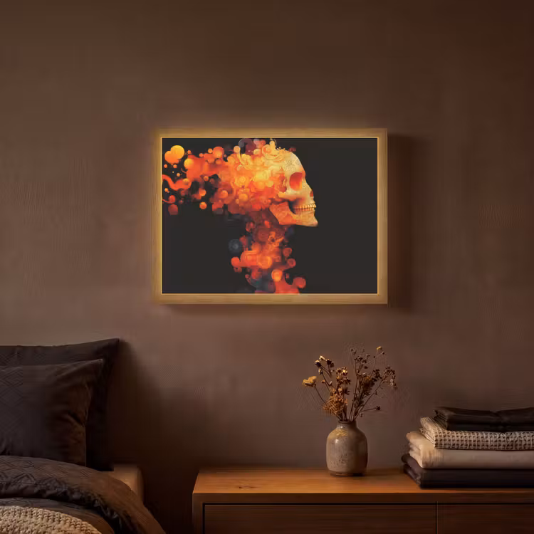 Schedel - Oranje - Zijaanzicht - Vlammen Light Box met batterij (Wandlamp) middel -sfeer4