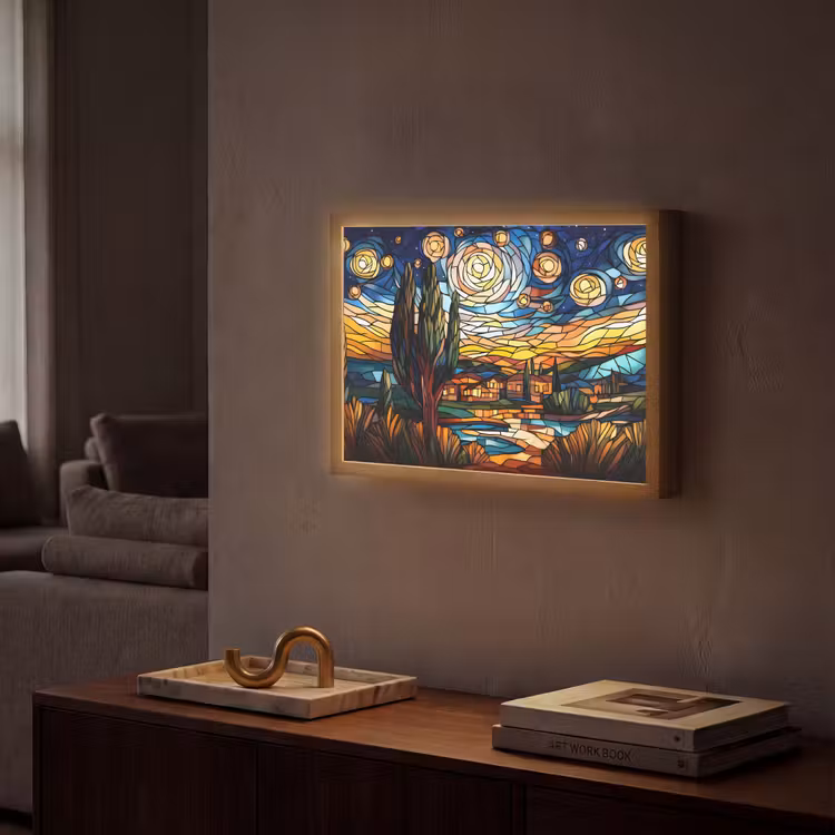 Hemel - Sterren - Mozaïek - Huizen Light Box met batterij (Wandlamp) middel -sfeer1