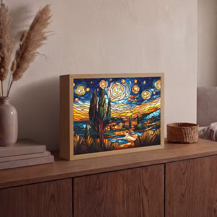 Hemel - Sterren - Mozaïek - Huizen Light Box met batterij (Wandlamp) middel -sfeer2