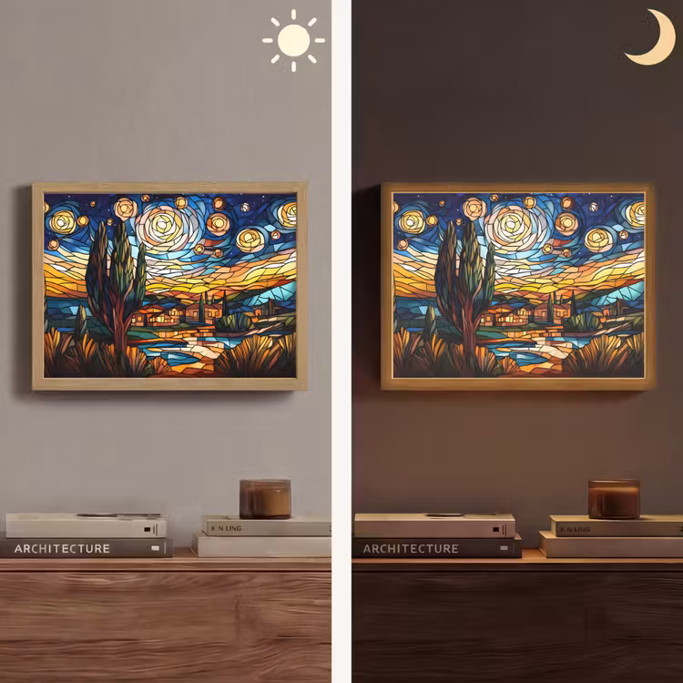 Hemel - Sterren - Mozaïek - Huizen Light Box met batterij (Wandlamp) middel -sfeer3