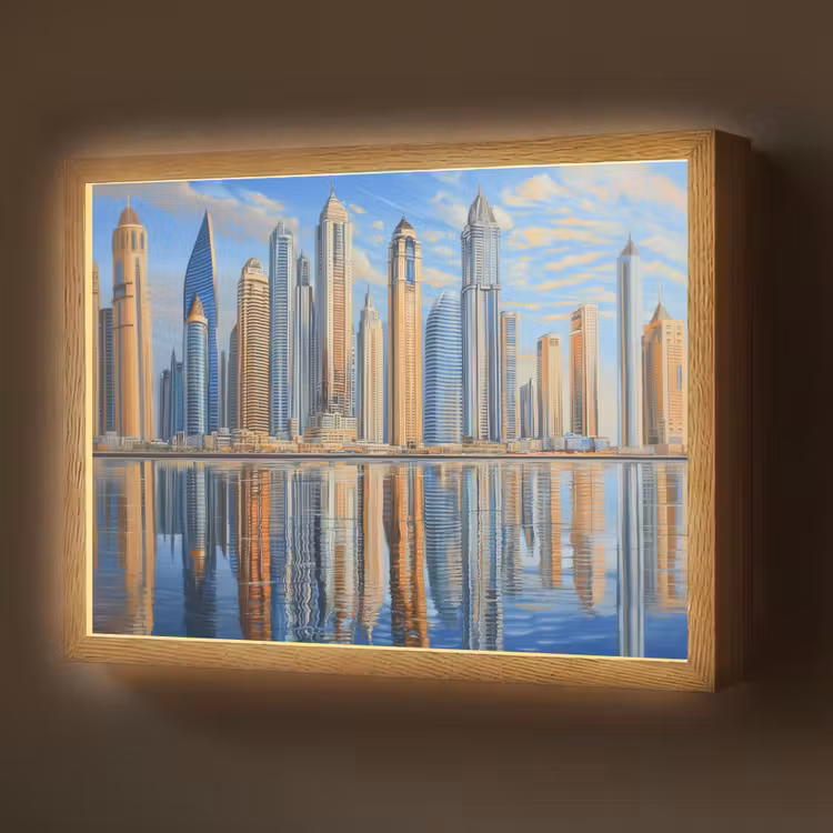 Skyline - Wolkenkrabbers - Water - Blauw Light Box met batterij (Wandlamp) middel -z3d_website